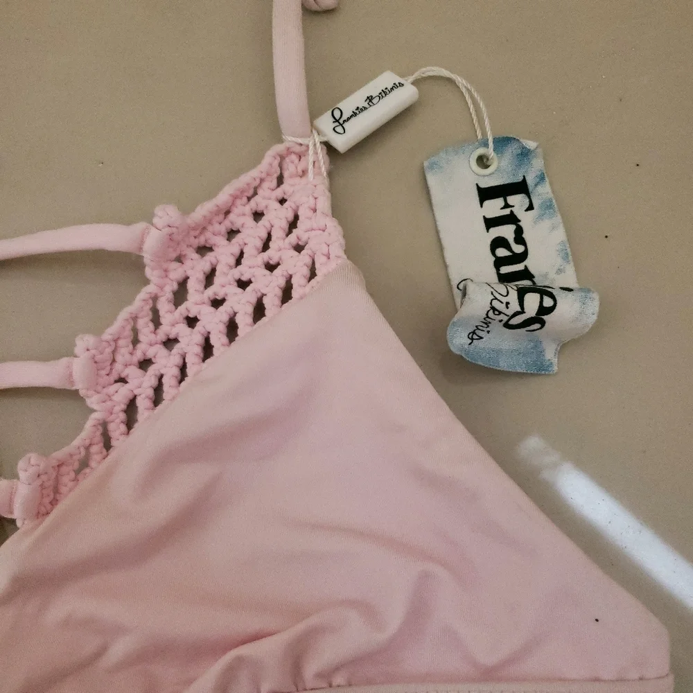 Frankie's Small Sienna Light‎ Pink Crochet Open Knit Tie Triangle Bikini Top